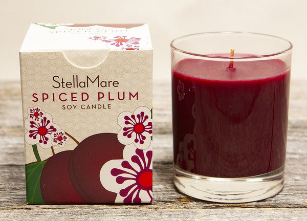 Stella Mare Spiced Plum is a perennial favorite. This unforgettable Spiced Plum fragrance combines the rich, heady perfume of dark, ripe, late summer plums with a holiday spiciness. The color and scent of Spiced Plum is a rich addition to any room or table throughout the year but especially around harvest and the holidays.  100% Lead Free Cotton Wick, vegan and cruelty free, Hand poured in Portland Oregon in the great Pacific Northwest.